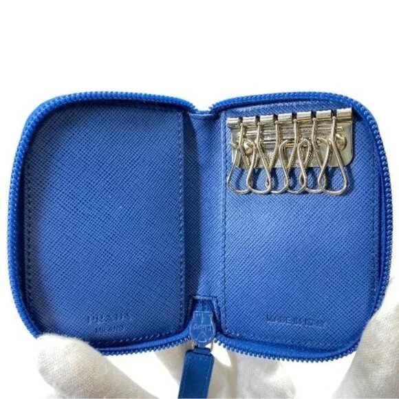 Prada 6-link Key Case Compact Round Zipper With Triangle Logo Nylon Blue - Picture 6 of 9